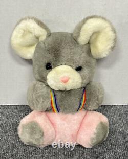 Vintage Mouse 9 Plush Stuffed Animal with Rainbow Suspenders Grey Pink