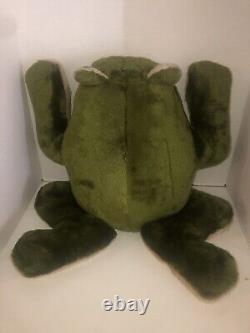 Animal en peluche vintage grenouille crapaud 27 pouces de long avec une grande bouche ouverte verte et douce