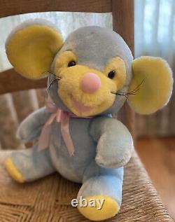 Peluche vintage de souris bleue et jaune avec nœud rose pastel, jouet en peluche doux de 12 pouces.