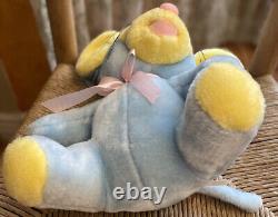 Peluche vintage de souris bleue et jaune avec nœud rose pastel, jouet en peluche doux de 12 pouces.